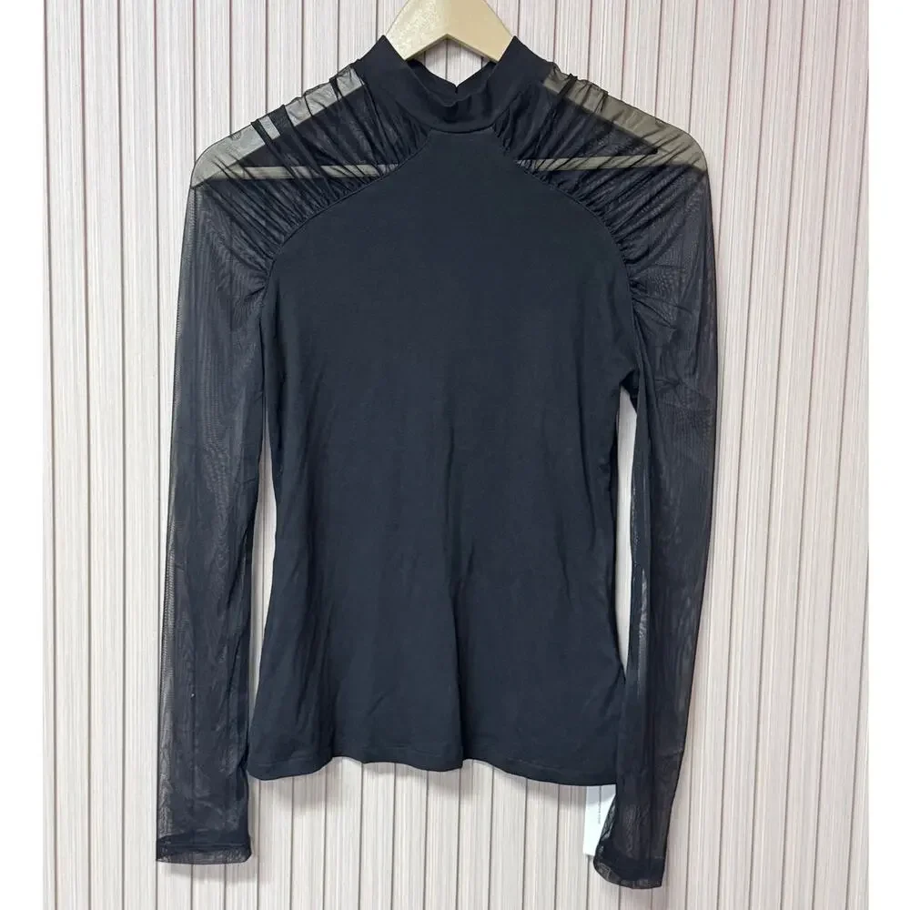Commense Stand Collar Sheer Sleeve Fitted Blouse Black Women’s Size M - Picture 3 of 9